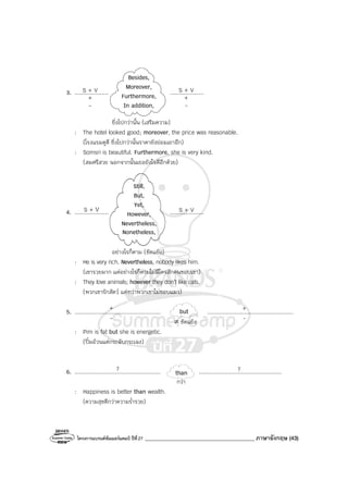 โครงการแบรนด์ซัมเมอร์แคมป์ ปีที่27 ________________________________________ ภาษาอังกฤษ (43)
3. .................... ....................
ยิ่งไปกว่านั้น (เสริมความ)
: The hotel looked good; moreover, the price was reasonable.
(โรงแรมดูดี ยิ่งไปกว่านั้นราคายังย่อมเยาอีก)
: Somsri is beautiful. Furthermore, she is very kind.
(สมศรีสวย นอกจากนั้นเธอยังใจดีอีกด้วย)
4. .................... ....................
อย่างไรก็ตาม (ขัดแย้ง)
: He is very rich. Nevertheless, nobody likes him.
(เขารวยมาก แต่อย่างไรก็ตามไม่มีใครสักคนชอบเขา)
: They love animals; however they don’t like cats.
(พวกเขารักสัตว์ แต่ทว่าพวกเขาไม่ชอบแมว)
5. ................................................... ...................................................
≠ ขัดแย้ง
: Pim is fat but she is energetic.
(ปิ๋มอ้วนแต่กระฉับกระเฉง)
6. ................................................... .................................................
กว่า
: Happiness is better than wealth.
(ความสุขดีกว่าความร่ํารวย)
than
? ?
but+
-
+
-
S + V
+
-
Besides,
Moreover,
Furthermore,
In addition,
S + V S + V
Still,
But,
Yet,
However,
Nevertheless,
Nonetheless,
S + V
+
-
 