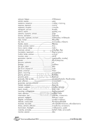 โครงการแบรนด์ซัมเมอร์แคมป์ ปีที่27 ________________________________________ ภาษาอังกฤษ (63)
exhaust, fatigue.................................................ทําให้หมดแรง
exhibit, expose...................................................แสดง
existence, presence...........................................การมีอยู่, การปรากฏ
expense, payment .............................................รายจ่าย
explosion, eruption ............................................การระเบิด
extinguish, put out.............................................ดับเพลิง
extinct, expire....................................................สูญพันธุ์, ตาย
extreme, supreme, utmost.................................สูงสุด
famine, starvation..............................................ทุพภิกขภัย
fascinate, captivate, enchant .............................ทําให้หลงใหล / ทําให้หลงรัก
fatal, mortal.......................................................ที่ถึงแก่ชีวิต
fee, fare.............................................................ค่าธรรมเนียม, ค่าโดยสาร
flexible, elastic...................................................ที่ยืดหยุ่น
forbid, prohibit, restrict......................................ห้าม
force, coerce, oblige..........................................บังคับ
foremost, utmost ...............................................สําคัญที่สุด, ที่สุด
foundation, basement........................................พื้นฐาน, ฐานราก
fruitful, fertile, profuse.......................................มากมาย
function, duty....................................................หน้าที่
generation, species............................................รุ่นคนรุ่นหนึ่งๆ, สายพันธุ์
genetic..............................................................เกี่ยวกับพันธุกรรม
genuine, authentic.............................................แท้
geology..............................................................ธรณีวิทยา
get, gain, attain .................................................ได้รับ
get rid of, dispose of..........................................กําจัด
global, universal ................................................ทั่วโลก
gloom, mourning...............................................ความเศร้าโศก
gloomy, grievous................................................ที่เศร้าโศก
graceful, great...................................................ที่สง่างาม
gradually, little by little.......................................อย่างค่อยเป็นค่อยไป, ทีละเล็กละน้อย
grief, affliction....................................................ความทุกข์เศร้า
guarantee, warrant, endorse..............................รับประกัน
habitat, residence..............................................ที่อยู่อาศัย
harvest, cultivate ...............................................เก็บเกี่ยว, เพาะปลูก
hatch, brood......................................................ฟักไข่, กกไข่
haunting, unforgettable......................................ที่อยู่ในความทรงจํา
heed, attention ..................................................เอาใจใส่ / สนใจ
hibernation, fast ................................................การจําศีล, การอดอาหาร
ignorant, negligent.............................................ที่เพิกเฉย / ละเลย
illegible, unreadable...........................................(ลายมือ) อ่านไม่ออก
illiterate, uneducated.........................................ที่อ่านไม่ออกเขียนไม่ได้
illustrate, elucidate ............................................อธิบายโดยใช้ภาพประกอบ, อธิบายโดยกระจ่าง
illness, ailment, affliction....................................ความเจ็บป่วย, ความทรมาน
illumination, floodlight........................................การให้แสงสว่าง, แสงไฟ
instantly, promptly.............................................ในทันที / ทันใด, อย่างรวดเร็ว
inactive, passive ................................................เฉื่อย
 