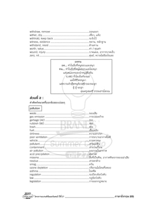 โครงการแบรนด์ซัมเมอร์แคมป์ ปีที่27 ________________________________________ ภาษาอังกฤษ (69)
withdraw, remove ...................................................ถอนออก
wither, dry..............................................................เหี่ยว, แห้ง
withhold, keep back ...............................................ระงับไว้
witness, evidence ...................................................พยาน, หลักฐาน
withstand, resist .....................................................ต้านทาน
worth, value............................................................ค่า / คุณค่า
wound, injury .........................................................บาดแผล, อาการบาดเจ็บ
zero, nil..................................................................ศูนย์, ความไม่มีอะไรเลย
อดทน
อด... ทําในสิ่งที่หนูชอบและสนุก
ทน... ทําในสิ่งที่หนูไม่ชอบและไม่สนุก
แต่อดและทนจะนําหนูสู่ฝั่งฝัน
6,480 ชั่วโมงในท้องแม่
แม่ให้ชีวิตหนูมา
แต่ความสําเร็จหนูต้องสร้างเองนะลูก
สู้ สู้ นะลูก
คุณครูสมศรี ธรรมสารโสภณ
สวนที่ 2 :
คําศัพท์หมวดที่ออกข้อสอบบ่อยๆ
pollution
waste......................................................................ของเสีย
gas emission ..........................................................การปล่อยก๊าซ
garbage (AE) ..........................................................ขยะ
rubbish (BE)...........................................................ขยะ
trash.......................................................................ขยะ
fuel.........................................................................เชื้อเพลิง
dirtiness .................................................................ความสกปรก
poor ventilation.......................................................การระบายอากาศไม่ดี
vehicle....................................................................ยานพาหนะ
pollutant.................................................................สารมลพิษ
contaminant...........................................................สารปนเปื้อน
air pollution ............................................................มลภาวะในอากาศ
acid precipitation....................................................ฝนกรด
miasma..................................................................สิ่งที่เป็นพิษ, อากาศพิษจากของเน่าเสีย
residue...................................................................สารตกค้าง
smog......................................................................ควัน
ozone depletion .....................................................ปริมาณโอโซนที่ลดลง
asthma...................................................................โรคหืด
regulation...............................................................ระเบียบข้อบังคับ
law.........................................................................กฎข้อบังคับ
legislation ...............................................................การออกกฎหมาย
 