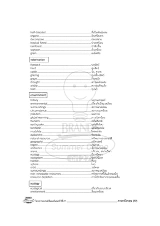 โครงการแบรนด์ซัมเมอร์แคมป์ ปีที่27 ________________________________________ ภาษาอังกฤษ (77)
half-blooded...........................................................ที่เป็นพันธุ์ผสม
organic...................................................................อินทรียสาร
decompose.............................................................ย่อยสลาย
tropical forest .........................................................ป่าเขตร้อน
rainforest................................................................ป่าดิบชื้น
soybean..................................................................ถั่วเหลือง
grain.......................................................................เมล็ดพืช
veterinarian
livestock .................................................................ปศุสัตว์
herd.......................................................................ฝูงสัตว์
cattle......................................................................วัว, ควาย
grazing...................................................................ทุ่งเลี้ยงสัตว์
graze......................................................................กินหญ้า
drought ..................................................................ความแห้งแล้ง
aridity.....................................................................ความแห้งแล้ง
field........................................................................ทุ่งนา
environment
botany....................................................................พฤกษศาสตร์
environmental.........................................................เกี่ยวกับสิ่งแวดล้อม
surroundings..........................................................สภาพแวดล้อม
circumstance..........................................................สภาวะแวดล้อม
pollution .................................................................มลภาวะ
global warming.......................................................ภาวะโลกร้อน
tsunami..................................................................คลื่นสึนามิ
earthquake.............................................................แผ่นดินไหว
landslide.................................................................แผ่นดินถล่ม
mudslide ................................................................โคลนถล่ม
avalanche...............................................................หิมะถล่ม
natural resource.....................................................ทรัพยากรธรรมชาติ
geography ..............................................................ภูมิศาสตร์
region.....................................................................ภูมิภาค
ambience ...............................................................สภาพแวดล้อม
arena......................................................................บริเวณ, สนามกีฬา
ecology...................................................................นิเวศวิทยา
ecosystem ..............................................................ระบบนิเวศ
habitat....................................................................ที่อยู่
sphere....................................................................โลก
orbit .......................................................................วงโคจร
surroundings..........................................................สภาพแวดล้อม
non-renewable resources.......................................ทรัพยากรที่ใช้แล้วหมดไป
resource depletion..................................................การใช้ทรัพยากรจนหมดสิ้น
ecology
ecological...............................................................เกี่ยวกับระบบนิเวศ
environment...........................................................สิ่งแวดล้อม
 