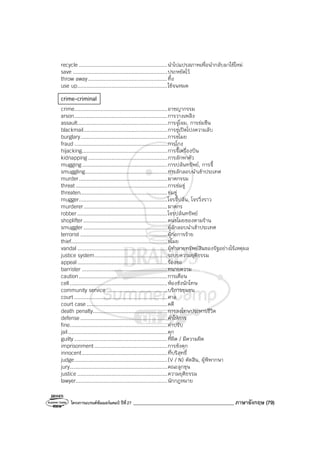 โครงการแบรนด์ซัมเมอร์แคมป์ ปีที่27 ________________________________________ ภาษาอังกฤษ (79)
recycle .........................................................นําไปแปรสภาพเพื่อนํากลับมาใช้ใหม่
save .............................................................ประหยัดไว้
throw away...................................................ทิ้ง
use up..........................................................ใช้จนหมด
crime-criminal
crime............................................................อาชญากรรม
arson............................................................การวางเพลิง
assault..........................................................การจู่โจม, การข่มขืน
blackmail......................................................การขู่เปิดโปงความลับ
burglary........................................................การขโมย
fraud............................................................การโกง
hijacking.......................................................การจี้เครื่องบิน
kidnapping ...................................................การลักพาตัว
mugging.......................................................การปล้นทรัพย์, การจี้
smuggling.....................................................การลักลอบนําเข้าประเทศ
murder.........................................................ฆาตกรรม
threat ...........................................................การข่มขู่
threaten........................................................ข่มขู่
mugger.........................................................โจรจี้ปล้น, โจรวิ่งราว
murderer......................................................ฆาตกร
robber..........................................................โจรปล้นทรัพย์
shoplifter......................................................คนขโมยของตามร้าน
smuggler......................................................ผู้ลักลอบนําเข้าประเทศ
terrorist ........................................................ผู้ก่อการร้าย
thief..............................................................ขโมย
vandal..........................................................ผู้ทําลายทรัพย์สินของรัฐอย่างไร้เหตุผล
justice system...............................................ระบบความยุติธรรม
appeal..........................................................ร้องขอ
barrister .......................................................ทนายความ
caution.........................................................การเตือน
cell...............................................................ห้องขังนักโทษ
community service .......................................บริการชุมชน
court ............................................................ศาล
court case....................................................คดี
death penalty................................................การลงโทษประหารชีวิต
defense ........................................................คําให้การ
fine...............................................................ค่าปรับ
jail................................................................คุก
guilty............................................................ที่ผิด / มีความผิด
imprisonment...............................................การขังคุก
innocent.......................................................ที่บริสุทธิ์
judge............................................................(V / N) ตัดสิน, ผู้พิพากษา
jury...............................................................คณะลูกขุน
justice ..........................................................ความยุติธรรม
lawyer...........................................................นักกฎหมาย
 