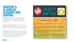 7
7
Conﬁdential © 2014
Snapchat &
16 Handles:
Discounts and
coupons
What they did? 16 Handles, a frozen yogurt chain,
exchanged discount coupon codes for selﬁes of
customers and/or their friends eating 16 Handles
frozen yogurt. 

What were the results? Within a few days, 1,400+
images were exchanged as 16 Handles built a user list
to which they could send future promotional material.

Why did it work? Froyo consumers and Snapchat users
are ubiquitous.The campaign tapped in to the existing
selﬁe insight and was easy to participate in. Coupon
snaps not only reward customers, they provide
incentive to bring them back for more.


 