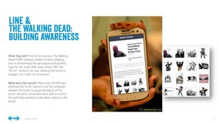 9
9
Conﬁdential © 2014
Line &
The Walking dead:
Building awareness
What they did? Prior to its premiere,The Walking
Dead (TWD) released zombie stickers, allowing
fans to disseminate the apocalypse and building
hype for the show. After every show,TWD had
“On Air” sessions via Line, allowing the brand to
engage 1-on-1 with its consumers.

What were the results? More than 30,000 fans
attended the On Air sessions and the campaign
allowed the brand to gauge popularity of the
series’ storyline. Consumers were able to control
the path they wanted to take when talking to the
brand. 
 