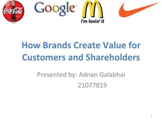How Brands Create Value for Customers and Shareholders Presented by: Adnan Galabhai 21077819 
