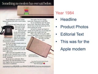 Year 1984 
• Headline 
• Product Photos 
• Editorial Text 
• This was for the 
Apple modem 
 
