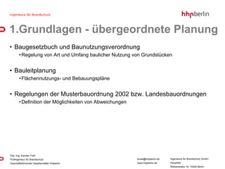 Baugesetzbuch und Baunutzungsverordnung Regelung von Art und Umfang baulicher Nutzung von Grundstücken Bauleitplanung Flächennutzungs- und Bebauungspläne Regelungen der Musterbauordnung 2002 bzw. Landesbauordnungen Definition der Möglichkeiten von Abweichungen   1.Grundlagen - übergeordnete Planung 