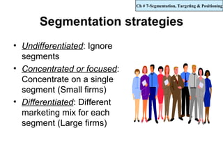 Ch # 7-Segmentation, Targeting & Positioning



      Segmentation strategies
• Undifferentiated: Ignore
  segments
• Concentrated or focused:
  Concentrate on a single
  segment (Small firms)
• Differentiated: Different
  marketing mix for each
  segment (Large firms)
 