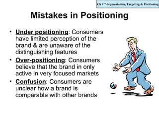 Ch # 7-Segmentation, Targeting & Positioning



       Mistakes in Positioning
• Under positioning: Consumers
  have limited perception of the
  brand & are unaware of the
  distinguishing features
• Over-positioning: Consumers
  believe that the brand in only
  active in very focused markets
• Confusion: Consumers are
  unclear how a brand is
  comparable with other brands
 