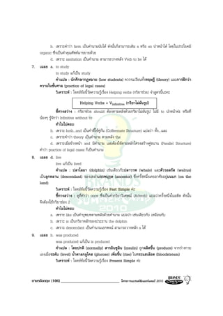 b. เพราะคําวา farm เปนคํานามนับได ดังนั้นก็สามารถเติม a หรือ an นําหนาได โดยในประโยคมี
   organic ซึ่งเปนคําคุณศัพทมาขยายดวย
         d. เพราะ sanitation เปนคํานาม สามารถวางหลัง Verb to be ได
7. เฉลย a. to study
              to study แกเปน study
              คําแปล : นักศึกษากฎหมาย (law students) ควรจะเรียนทั้งทฤษฎี (theory) และการฝกวา
   ความในชั้นศาล (practice of legal cases)
              วิเคราะห : โจทยขอนี้วัดความรูเรื่อง Helping verbs (กริยาชวย) จําสูตรนี้นะคะ
                                Helping Verbs + Vinfinitive (กริยาไมผันรูป)
               ชี้ทางสวาง : กริยาชวย should ตองตามหลังดวยกริยาไมผันรูป ไมมี to นําหนาคะ หรือที่
   นองๆ รูจักวา Infinitive without to
               ทําไมไมตอบ
           b. เพราะ both...and เปนคําที่ใชคูกัน (Coffeemate Structure) แปลวา ทั้ง...และ
           c. เพราะคําวา theory เปนคํานาม ตามหลัง the
           d. เพราะเมื่อขางหนา and มีคํานาม เลยตองใชตามหลักโครงสรางคูขนาน (Parallel Structure)
   คําวา practice of legal cases ก็เปนคํานาม
8. เฉลย d. live
               live แกเปน lived
               คําแปล : ปลาโลมา (dolphin) เชนเดียวกับปลาวาฬ (whale) และตัววอลรัส (walrus)
   เปนลูกหลาน (descendant) ของเหลาบรรพบุรุษ (ancestor) ซึ่งครั้งหนึ่งเคยอาศัยอยูบนบก (on the
   land)
               วิเคราะห : โจทยขอนี้วัดความรูเรื่อง Past Simple คะ
               ชี้ทางสวาง : ดูที่คําวา once ซึ่งเปนคํากริยาวิเศษณ (Adverb) แปลวาครั้งหนึ่งในอดีต ดังนั้น
   จึงตองใชกริยาชอง 2
               ทําไมไมตอบ
           a. เพราะ like เปนคําบุพบทตามหลังดวยคํานาม แปลวา เชนเดียวกับ เหมือนกับ
           b. เพราะ is เปนกริยาหลักของประธาน the dolphin
           c. เพราะ descendant เปนคํานามเอกพจน สามารถวางหลัง a ได
9. เฉลย b. was produced
               was produced แกเปน is produced
               คําแปล : โดยปกติ (normally) สารอินซูลิน (insulin) ถูกผลิตขึ้น (produce) จากรางกาย
   เองเมื่อระดับ (level) น้ําตาลกลูโคส (glucose) เพิ่มขึ้น (rise) ในกระแสเลือด (bloodstream)
               วิเคราะห : โจทยขอนี้วัดความรูเรื่อง Present Simple คะ


ภาษาอังกฤษ (106) _____________________________               โครงการแบรนดซัมเมอรแคมป 2010
 