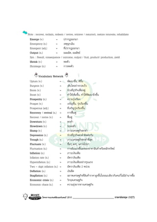 Note : recover, reclaim, redeem / revive, retrieve / resurrect, restore renovate, rehabiliate
 Emerge (v.)              =    ปรากฎออกมา
 Emergency (n.)           =    เหตุฉุกเฉิน
 Emergent (adj.)          =    ที่ปรากฎออกมา
 Output (n.)              =    ผลผลิต, ผลลัพธ
 Syn. : Result, consequence / outcome, output / fruit, product/ production, yield
 Shrink (v.)              =    หดตัว
 Shrinkage (n.)           =    การหดตัว

          Vocabulary Network
 Upturn (v.)                =          พัฒนาขึ้น, ดีขึ้น
 Burgeon (v.)               =          เติบโตอยางรวดเร็ว
 Boom (v.)                  =          ชวงที่ธุรกิจเฟองฟู
 Boost (v.)                 =          ทําใหเพิ่มขึ้น, ทําใหพัฒนายิ่งขึ้น
 Prosperity (n.)            =          ความรุงเรือง
 Prosper (v.)               =          เจริญขึ้น, รุงเรืองขึ้น
 Prosperous (adj.)          =          ที่เจริญรุงเรืองขึ้น
 Recovery / revival (n.) =             การฟนฟู
 Recover / revive (v.)      =          ฟนฟู
 Downturn (v.)              =          ตกต่ํา
 Slowdown (v.)              =          ชะลอตัว
 Slump (v.)                 =          ภาวะเศรษฐกิจตกต่ํา
 Depression (n.)            =          ชวงที่ธุรกิจตกต่ําติดตอกัน
 Trough (n.)                =          ภาวะเศรษฐกิจตกต่ําที่สุด
 Fluctuate (v.)             =          ขึ้นๆ ลงๆ, แกวงไปมา
 Fluctuation (n.)           =          การผันแปรขึ้นลงของราคาสินคาหรือหลักทรัพย
 Inflation (n.)             =          ภาวะเงินเฟอ
 Inflation rate (n.)        =          อัตราเงินเฟอ
 Hyperinflation (n.)        =          ภาวะเงินเฟออยางรุนแรง
 Two - digit inflation (n.) =          อัตราเงินเฟอ 2 หนวย
 Deflation (n.)             =          เงินฝด
 Stagflation (n.)           =          สภาพเศรษฐกิจที่สินคาราคาสูงขึ้นในขณะเดียวกันคนก็ไมมีอํานาจซื้อ
 Economic crisis (n.)       =          วิกฤตเศรษฐกิจ
 Economic chaos (n.)        =          ความยุงยากทางเศรษฐกิจ


             โครงการแบรนดซัมเมอรแคมป 2010   _____________________________ ภาษาอังกฤษ (127)
 