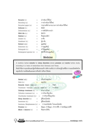 Recycle (v.)                 =       นํากลับมาใชใหม
   Recycling (n.)               =       การนํากลับมาใชใหม
   Recycled paper (n.)          =       กระดาษที่ผานกระบวนการนํากลับมาใชใหม
   Deforest (v.)                =       ตัดไม
   Deforestation (n.)           =       การตัดไมทําลายปา
   Wild life (n.)               =       สัตวปา
   Habitat (n.)                 =       ที่อยูของสัตว
   Inhabit (v.)                 =       อาศัย
   Inhabitant (v.)              =       ผูอาศัย
   Extinct (adj.)               =       สูญพันธุ
   Extinction (n.)              =       การสูญพันธุ
   Extinguish (v.)              =       ทําใหสูญพันธุ
   Endangered species (n.)      =       สัตวที่ใกลจะสูญพันธุ

                                            Medicine
A tradition herbal remedy for sleep disorders shows promise and merits further study,
according to a team of researchers from Germany and Texas.
ทีมนักวิจัยจากเยอรมันและรัฐเท็กซัสของอเมริการมีความเห็นวาการรักษาผูปวยที่มีอาการนอนไมหลับดวย
สมุนไพรโบราณไดผลดีและสมควรที่จะมีการศึกษาวิจัยตอ


   Herbal (adj.)             =    เกี่ยวกับสมุนไพร
   Herb (n.)                 =    สมุนไพร
   Remedy /treat / cure (v.)                    = รักษา
   Treatment / therapy / remedy / cure (n.) = การรักษา
   Undergo treatment (n.) =       ผานการรักษา
   Orthodox treatment (n.) =      การรักษาที่ถูกตอง
   Unorthodox treatment (n.) = การรักษาที่ไมถูกตอง
   Sleep disorder (n.)       =    ผูที่นอนไมหลับ
   Insomniac (n.)            =    ผูที่นอนไมหลับ
   Insomnia, Sleeplessness (n.) = การนอนไมหลับ โรคนอนไมหลับ
   Promise (n.)              =    สัญญา, คําสัญญา, ทาทางที่ดี, การสงสัญญาณที่ดี
   Merit = deserve (v.)      =    ที่สมควรไดรับ



              โครงการแบรนดซัมเมอรแคมป 2010   _____________________________ ภาษาอังกฤษ (137)
 