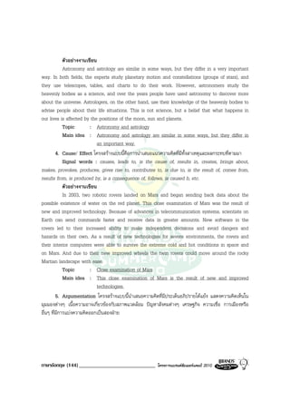 ตัวอยางงานเขียน
             Astronomy and astrology are similar in some ways, but they differ in a very important
way. In both fields, the experts study planetary motion and constellations (groups of stars), and
they use telescopes, tables, and charts to do their work. However, astronomers study the
heavenly bodies as a science, and over the years people have used astronomy to discover more
about the universe. Astrologers, on the other hand, use their knowledge of the heavenly bodies to
advise people about their life situations. This is not science, but a belief that what happens in
our lives is affected by the positions of the moon, sun and planets.
             Topic        : Astronomy and astrology
             Main idea : Astronomy and astrology are similar in some ways, but they differ in
                             an important way.
         4. Cause/ Effect โครงสรางแบบนี้คือการนําเสนอแนวความคิดที่มีทั้งสาเหตุและผลกระทบที่ตามมา
             Signal words : causes, leads to, is the cause of, results in, creates, brings about,
makes, provokes, produces, gives rise to, contributes to, is due to, is the result of, comes from,
results from, is produced by, is a consequence of, follows, is caused b, etc.
             ตัวอยางงานเขียน
             In 2003, two robotic rovers landed on Mars and began sending back data about the
possible existence of water on the red planet. This close examination of Mars was the result of
new and improved technology. Because of advances in telecommunication systems, scientists on
Earth can send commands faster and receive data in greater amounts. New software in the
rovers led to their increased ability to make independent decisions and avoid dangers and
hazards on their own. As a result of new technologies for severe environments, the rovers and
their interior computers were able to survive the extreme cold and hot conditions in space and
on Mars. And due to their new improved wheels the twin rovers could move around the rocky
Martian landscape with ease.
             Topic        : Close examination of Mars
             Main idea : This close examination of Mars is the result of new and improved
                             technologies.
         5. Argumentation โครงสรางแบบนี้นําเสนอความคิดที่มีประเด็นอภิปรายโตแยง แสดงความคิดเห็นใน
มุมมองตางๆ เนื้อความอาจเกี่ยวของกับสภาพแวดลอม ปญหาสังคมตางๆ เศรษฐกิจ ความเชื่อ การเมืองหรือ
อื่นๆ ที่มีการแบงความคิดออกเปนสองฝาย




ภาษาอังกฤษ (144) _____________________________         โครงการแบรนดซัมเมอรแคมป 2010
 