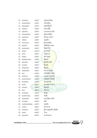 10.   soothing        แปลวา   ปลอบประโลม
     11.   melancholic     แปลวา   เศราสรอย
     12.   depressed       แปลวา   หดหู สิ้นหวัง
     13.   ecstatic        แปลวา   ปลาบปลื้ม
     14.   agitated        แปลวา   กระวนกระวายใจ
     15.   sympathetic     แปลวา   เห็นอกเห็นใจ
     16.   seductive       แปลวา   ยั่วยวน เรงเรา
     17.   hollow          แปลวา   เสแสรง
     18.   humorous        แปลวา   มีอารมณขัน
     19.   passive         แปลวา   ไมโตแยง เฉยชา
     20.   persuasive      แปลวา   โนมนาวใจ
     21.   afraid          แปลวา   หวาดกลัว
     22.   tired           แปลวา   เบื่อหนาย
     23.   happy           แปลวา   มีความสุข
     24.   disappointed    แปลวา   ผิดหวัง
     25.   dejected        แปลวา   ผิดหวัง เศรา
     26.   excited         แปลวา   ตื่นเตน
     27.   desperate       แปลวา   สิ้นหวัง
     28.   superficial     แปลวา   คราวๆ ผิวเผิน
     29.   sad             แปลวา   เศราสรอย เสียใจ
     30.   artificial      แปลวา   เสแสรง ไมจริงใจ
     31.   authoritative   แปลวา   เชื่อถือได ไวใจได
     32.   surprised       แปลวา   ประหลาดใจ
     33.   ironic          แปลวา   เยาะเยย ถากถาง
     34.   content         แปลวา   พึงพอใจ
     35.   hurt            แปลวา   เจ็บปวด
     36.   confused        แปลวา   สับสน
     37.   questioning     แปลวา   สงสัย
     38.   inquisitive     แปลวา   อยากรูอยากเห็น
     39.   arrogant        แปลวา   หยิ่ง
     40.   condescending   แปลวา   ยอมรับ
     41.   coarse          แปลวา   หยาบคาย
     42.   romantic        แปลวา   มีความสุนทรีย เพอฝน
     43.   upset           แปลวา   โกรธ
     44.   paranoid        แปลวา   หวาดระแวง


ภาษาอังกฤษ (154) _____________________________   โครงการแบรนดซัมเมอรแคมป 2010
 