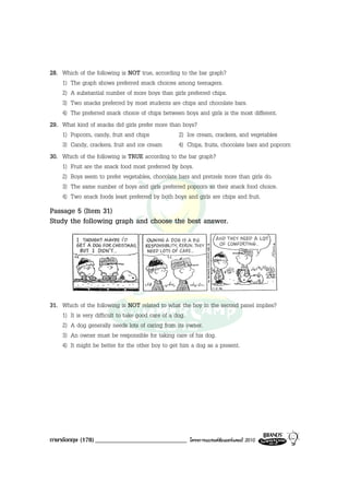 28. Which of the following is NOT true, according to the bar graph?
    1) The graph shows preferred snack choices among teenagers.
    2) A substantial number of more boys than girls preferred chips.
    3) Two snacks preferred by most students are chips and chocolate bars.
    4) The preferred snack choice of chips between boys and girls is the most different.
29. What kind of snacks did girls prefer more than boys?
    1) Popcorn, candy, fruit and chips           2) Ice cream, crackers, and vegetables
    3) Candy, crackers, fruit and ice cream      4) Chips, fruits, chocolate bars and popcorn
30. Which of the following is TRUE according to the bar graph?
    1) Fruit are the snack food most preferred by boys.
    2) Boys seem to prefer vegetables, chocolate bars and pretzels more than girls do.
    3) The same number of boys and girls preferred popcorn as their snack food choice.
    4) Two snack foods least preferred by both boys and girls are chips and fruit.
Passage 5 (Item 31)
Study the following graph and choose the best answer.




31. Which of the following is NOT related to what the boy in the second panel implies?
    1) It is very difficult to take good care of a dog.
    2) A dog generally needs lots of caring from its owner.
    3) An owner must be responsible for taking care of his dog.
    4) It might be better for the other boy to get him a dog as a present.




ภาษาอังกฤษ (178) _____________________________       โครงการแบรนดซัมเมอรแคมป 2010
 