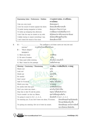 Expressing Likes / Preferences / Dislikes                   การแสดงความชอบ, ความชื่นชอบ,
                                                                 ความไมชอบ
     I like you very much.                                       ฉันชอบคุณมาก
     I love the sound of waves against the shore.                ฉันชอบเสียงคลื่นกระทบฝง
     I’d prefer having margarine to butter.                      ฉันชอบมาการีนมากกวาเนย
     I’d rather go shopping this afternoon.                      บายนี้ฉันอยากจะไปชอปปงมากกวา
     I don’t like the way he looked at my wife.                  ฉันไมชอบทาทางที่เขามองภรรยาฉันเลย
     I dislike having to repeat everything I say.                ฉันไมชอบที่ตองพูดซ้ําทุกเรื่อง
     I can’t stand the sound of his voice.                       ฉันทนเสียงเขาไมได

3.   A : “.............................................. . The passages in all these caves are very low and
           narrows.”                          ทางเดินในถ้ําพวกนี้ทั้งต่ําทั้งแคบ
     B : “Much obliged.”
           ขอบคุณมาก
     1) Mind your head.                                                   ระวังศีรษะ
     2) Be ware of snakes.                                                ระวังงู
     3) Keep quiet while entering.                                        ชวยเงียบๆ ตอนเขาถ้ํา
     4) May I stand by the passage.                                       ขอยืนขางทางนะ
     Warning / Cautioning / Threatening                การเตือน, การเตือนใหระวัง, การขมขู
     Watch out!                                        ระวัง
     Look out!                                         ระวัง
     Heads up!                                         เงยหนาขึ้น
     Be careful!                                       ระวัง
     Don’t move!                                       อยาขยับนะ
     Halt! Or I’ll shoot!                              หยุดนะ ไมงั้นฉันยิง
     Watch your step.                                  ระวังสะดุด
     Be careful with that gun!                         ระวังปนนั้นหนอยนะ
     Don’t you come any closer….                       อยาเขามาใกลกวานี้นะ
     Stop that or else I’ll call the police.           หยุดนะ ไมงั้นฉันเรียกตํารวจ
     You’re treadin’ on thin ice, Mister.              คุณกําลังยืนอยูบนเสนดาย
     I’m going to count to 10, 1...2...3...4...        ฉันจะนับถึง 10 นะ 1...2...3...4
     I’m warning you. If you don’t leave me alone, I’ll scream.       ฉันขอเตือนคุณถาคุณไมปลอยฉัน
                                                                      ไวตามลําพังฉันจะรองกรี๊ด
     I’m giving you warning. Get out of town by sunset.               ฉันขอเตือนคุณ ออกไปจากเมืองนี้
                                                                      ซะภายในพระอาทิตยตกดิน


                  โครงการแบรนดซัมเมอรแคมป 2010   ______________________________ ภาษาอังกฤษ (41)
 