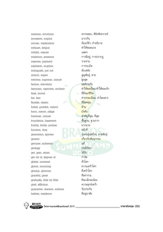 examine, scrutinize                              ตรวจสอบ, พินิจพิเคราะห
excessive, surplus                               มากเกิน
excuse, explanation                              ขอแกตัว, คําอธิบาย
exhaust, fatigue                                 ทําใหหมดแรง
exhibit, expose                                  แสดง
existence, presence                              การมีอยู, การปรากฏ
expense, payment                                 รายจาย
explosion, eruption                              การระเบิด
extinguish, put out                              ดับเพลิง
extinct, expire                                  สูญพันธุ, ตาย
extreme, supreme, utmost                         สูงสุด
famine, starvation                               ทุพภิกขภัย
fascinate, captivate, enchant                    ทําใหหลงใหล/ทําใหหลงรัก
fatal, mortal                                    ที่ถึงแกชีวิต
fee, fare                                        คาธรรมเนียม, คาโดยสาร
flexible, elastic                                ที่ยืดหยุน
forbid, prohibit, restrict                       หาม
force, coerce, oblige                            บังคับ
foremost, utmost                                 สําคัญที่สุด, ที่สุด
foundation, basement                             พื้นฐาน, ฐานราก
fruitful, fertile, profuse                       มากมาย
function, duty                                   หนาที่
generation, species                              รุนคนรุนหนึ่งๆ, สายพันธุ
genetic                                          เกี่ยวกับพันธุกรรม
genuine, authentic                               แท
geology                                          ธรณีวิทยา
get, gain, attain                                ไดรับ
get rid of, dispose of                           กําจัด
global, universal                                ทั่วโลก
gloom, mourning                                  ความเศราโศก
gloomy, grievous                                 ที่เศราโศก
graceful, great                                  ที่สงางาม
gradually, little by little                      ทีละเล็กละนอย
grief, affliction                                ความทุกขเศรา
guarantee, warrant, endorse                      รับประกัน
habitat, residence                               ที่อยูอาศัย


           โครงการแบรนดซัมเมอรแคมป 2010   ______________________________ ภาษาอังกฤษ (55)
 