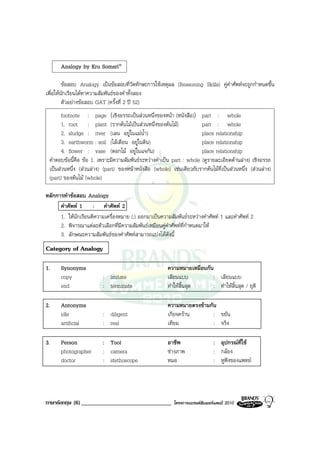 Analogy by Kru Somsri®

         ขอสอบ Analogy เปนขอสอบที่วัดทักษะการใชเหตุผล (Reasoning Skills) คูคําศัพทจะถูกกําหนดขึ้น
เพื่อใหนักเรียนไดหาความสัมพันธของคําทั้งสอง
         ตัวอยางขอสอบ GAT (ครั้งที่ 2 ป 52)
       footnote : page (เชิงอรรถเปนสวนหนึ่งของหนา (หนังสือ)) part : whole
       1. root : plant (รากตนไมเปนสวนหนึ่งของตนไม)               part : whole
       2. sludge : river (เลน อยูในแมน้ํา)                           place relationship
       3. earthworm : soil (ไสเดือน อยูในดิน)                        place relationship
       4. flower : vase (ดอกไม อยูในแจกัน)                           place relationship
 คําตอบขอนี้คือ ขอ 1. เพราะมีความสัมพันธระหวางคําเปน part : whole (ดูรายละเอียดดานลาง) เชิงอรรถ
 เปนสวนหนึ่ง (สวนลาง) (part) ของหนาหนังสือ (whole) เชนเดียวกับรากตนไมที่เปนสวนหนึ่ง (สวนลาง)
 (part) ของตนไม (whole)

หลักการทําขอสอบ Analogy
      คําศัพท 1 : คําศัพท 2
      1. ใหนักเรียนตีความเครื่องหมาย (:) ออกมาเปนความสัมพันธระหวางคําศัพท 1 และคําศัพท 2
      2. พิจารณาแตละตัวเลือกที่มีความสัมพันธเหมือนคูคําศัพทที่กําหนดมาให
      3. ลักษณะความสัมพันธของคําศัพทสามารถแบงไดดังนี้
Category of Analogy

1.    Synonyms                                          ความหมายเหมือนกัน
      copy               : imitate                      เลียนแบบ         : เลียนแบบ
      end                : terminate                    ทําใหสิ้นสุด    : ทําใหสิ้นสุด / ยุติ

2.    Antonyms                                          ความหมายตรงขามกัน
      idle               : diligent                     เกียจคราน       : ขยัน
      artificial         : real                         เทียม            : จริง

3.    Person             : Tool                         อาชีพ                 : อุปกรณที่ใช
      photographer       : camera                       ชางภาพ               : กลอง
      doctor             : stethoscope                  หมอ                   : หูฟงของแพทย




ภาษาอังกฤษ (6) _______________________________            โครงการแบรนดซัมเมอรแคมป 2010
 