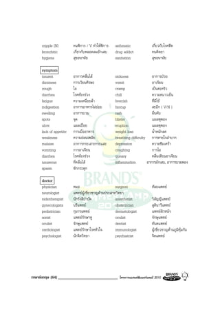cripple (N)        คนพิการ / V ทําใหพิการ   asthmatic                  เกี่ยวกับโรคหืด
     bronchitic         เกี่ยวกับหลอดลมอักเสบ     drug addict                คนติดยา
     hygiene            สุขอนามัย                 sanitation                 สุขอนามัย

     symptom
     nausea             อาการคลื่นไส             sickness               อาการปวย
     dizziness          การเวียนศีรษะ             vomit                  อาเจียน
     cough              ไอ                        cramp                  เปนตะคริว
     diarrhea           โรคทองรวง               chill                  ความหนาวเย็น
     fatigue            ความเหนื่อยลา            feverish               ที่มีไข
     indigestion        อาการอาหารไมยอย         hiccup                 สะอึก ( V/N )
     swelling           อาการบวม                  rash                   ผื่นคัน
     spots              จุด                       blister                แผลพุพอง
     ulcer              แผลเปอย                 eruption               แผลพุพอง
     lack of appetite   การเบื่ออาหาร             weight loss            น้ําหนักลด
     weakness           ความออนเพลีย             breathing difficulty การหายใจลําบาก
     malaise            อาการกระเสาะกระแสะ        depression             ความซึมเศรา
     vomiting           การอาเจียน                coughing               การไอ
     diarrhea           โรคทองรวง               queasy                 คลื่นเหียนอาเจียน
     nauseous           ที่คลื่นไส               inflammation        อาการอักเสบ, อาการบวมพอง
     spasm              ชักกระตุก

     doctor
     physician          หมอ                        surgeon                   ศัลยแพทย
     neurologist        แพทยผูเชี่ยวชาญดานประสาทวิทยา
     radiotherapist     นักรังสีบําบัด             anesthetist               วิสัญญีแพทย
     gynecologists      นรีแพทย                   obstetrician              สูตินารีแพทย
     pediatrician       กุมารแพทย                 dermatologist             แพทยผิวหนัง
     aorist             แพทยรักษาหู               oculist                   จักษุแพทย
     oculist            จักษุแพทย                 dentist                   ทันตแพทย
     cardiologist       แพทยรักษาโรคหัวใจ         immunologist              ผูเชี่ยวชาญดานภูมิคุมกัน
     psychologist       นักจิตวิทยา                psychiatrist              จิตแพทย




ภาษาอังกฤษ (64) ______________________________       โครงการแบรนดซัมเมอรแคมป 2010
 