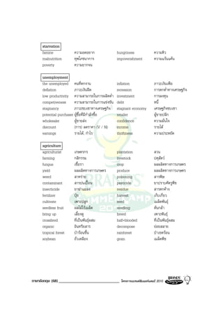 starvation
     famine            ความอดอยาก                 hungriness                ความหิว
     malnutrition      ทุพโภชนาการ                impoverishment            ความแรนแคน
     poverty           ความยากจน

     unemployment
     the unemployed คนที่ตกงาน                    inflation                 ภาวะเงินเฟอ
     deflation           ภาวะเงินฝด              recession                 การตกต่ําทางเศรษฐกิจ
     low productivity ความสามารถในการผลิตต่ํา     investment                การลงทุน
     competiveness       ความสามารถในการแขงขัน   debt                      หนี้
     stagnancy           ภาวะซบเซาทางเศรษฐกิจ     stagnant economy          เศรษฐกิจซบเซา
     potential purchaser ผูซื้อที่มีกําลังซื้อ   retailer                  ผูขายปลีก
     wholesaler          ผูขายสง                confidence                ความมั่นใจ
     discount            (การ) ลดราคา (V / N)     income                    รายได
     earnings            รายได, กําไร            thriftiness               ความประหยัด

     agriculture
     agriculturist     เกษตรกร                    plantation                สวน
     farming           กสิกรรม                    livestock                 ปศุสัตว
     fungus            เชื้อรา                    crop                      ผลผลิตทางการเกษตร
     yield             ผลผลิตทางการเกษตร          produce                   ผลผลิตทางการเกษตร
     weed              สาหราย                    poisoning                 สารพิษ
     contaminant       สารปนเปอน                pesticide                 ยาปราบศัตรูพืช
     insecticide       ยาฆาแมลง                  residue                   สารตกคาง
     fertilizer        ปุย                       harvest                   เก็บเกี่ยว
     cultivate         เพาะปลูก                   seed                      เมล็ดพันธุ
     seedless fruit    ผลไมไรเมล็ด              seedling                  ตนกลา
     bring up          เลี้ยงดู                   breed                     เพาะพันธุ
     crossbred         ที่เปนพันธุผสม           half-blooded              ที่เปนพันธุผสม
     organic           อินทรียสาร                 decompose                 ยอยสลาย
     tropical forest   ปารอนชื้น                rainforest                ปาเขตรอน
     soybean           ถั่วเหลือง                 grain                     เมล็ดพืช




ภาษาอังกฤษ (68) ______________________________      โครงการแบรนดซัมเมอรแคมป 2010
 