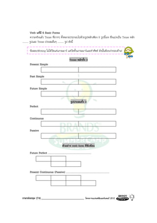 Verb แทมี 6 Basic Forms
           ความจริงแลว Tense ที่ยากๆ ทั้งหลายประกอบไปดวยรูปหลักเพียง 6 รูปนี้เอง ซึ่งแบงเปน Tense หลัก
.......... รูปและ Tense ประสมอื่นๆ .......... รูป ดังนี้

       ขอสอบWriting ไมไดวัดแคแกรมมาร แตวัดทั้งแกรมมารและคําศัพท ดังนั้นตองเกงรอบดาน!

                                                              Tense หลักทั้ง 3
       Present Simple


       Past Simple


       Future Simple


                                                                รูปประสมทั้ง 3
       Perfect


       Continuous


       Passive


                                                    ตัวอยาง verb form ที่ซับซอน
       Future Perfect ........................................................................



       Present Continuous (Passive) ........................................................................




ภาษาอังกฤษ (74) ______________________________                                       โครงการแบรนดซัมเมอรแคมป 2010
 