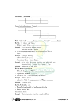 Past Perfect Continuous ........................................................................



Future Perfect Continuous (Passive) ........................................................................




ดังนั้น : Verb จึงแทมี .................... Tenses, .................... Voice รวม .................... Forms!
ขั้นที่ 2 : หา Subject และ Object
- สิ่งที่เปน S และ O ได คือ ............................................................
Example : I know what you did last summer.
               What you’ve done is perfect.
- กรรมตรงคือสิ่งของ กรรมรองคือคน และ กรรมรองอยูหนากรรมตรง
    กลอน “............................................................................”
Example : I give you this song.
- ระวังโครงสรางแบบ Inversion
    Prepositional Phrase + Verb + Subject
Example : At the end of the runway stood the most fashionable tutor.
               Negative Adverb + Helping Verb + Subject + Verb
Example : Never does the river return.
ขั้นที่ 3 : สังเกต Complement
- สิ่งที่จะเปน Complement ได ไดแก . ...........................................................
- Complement จะตามหลัง ....................
- ในโครงสราง SVC ตัว Complement จะทําหนาที่อธิบาย ....................
Example : P’Nan is my idol.
- ในโครงสราง SVOC ตัว Complement จะทําหนาที่อธิบาย ....................
Example : I love her in red.
ขั้นที่ 4 : ตัด Modifier ออก
- ขั้นตอนนี้จะชวยสนับสนุนใหเราทําสามขั้นตอนแรกไดงายขึ้น
- สิ่งที่เปน Modifier ไดแก
Prepositional phrase
Example : The doctor on that stage has a crush on P’Nan.

                โครงการแบรนดซัมเมอรแคมป 2010        ______________________________ ภาษาอังกฤษ (75)
 