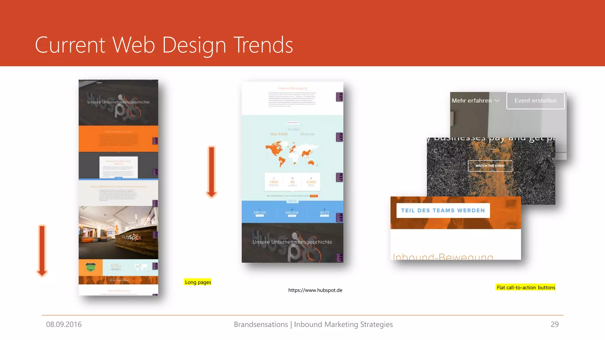 Current Web Design Trends
08.09.2016 Brandsensations | Inbound Marketing Strategies 29
https://www.hubspot.de
Flat call-to-action buttons
Long pages
 