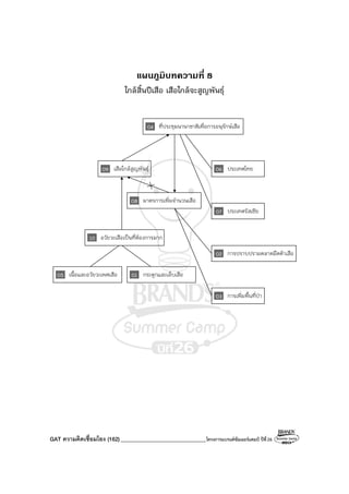 GAT ความคิดเชื่อมโยง (162)_______________________________โครงการแบรนด์ซัมเมอร์แคมป์ ปีที่26
แผนภูมิบทความที่ 8
ใกล้สิ้นปีเสือ เสือใกล้จะสูญพันธุ์
04 ที่ประชุมนานาชาติเพื่อการอนุรักษ์เสือ
06 ประเทศไทย
07 ประเทศรัสเซีย
02 การปราบปรามตลาดมืดค้าเสือ
03 การเพิ่มพื้นที่ป่า
08 มาตรการเพิ่มจํานวนเสือ
05 เนื้อและอวัยวะเพศเสือ 01 กระดูกและเล็บเสือ
10 อวัยวะเสือเป็นที่ต้องการมาก
09 เสือใกล้สูญพันธุ์
 
