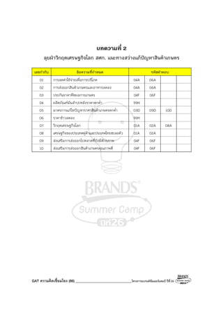 GAT ความคิดเชื่อมโยง (86) ________________________________โครงการแบรนด์ซัมเมอร์แคมป์ ปีที่26
บทความที่ 2
ลุยฝ่าวิกฤตเศรษฐกิจโลก สศก. แนะทางสว่างแก้ปัญหาสินค้าเกษตร
เลขกํากับ ข้อความที่กําหนด รหัสคําตอบ
01 การลดค่าใช้จ่ายเพื่อการบริโภค 04A 06A
02 การส่งออกสินค้าเกษตรและอาหารลดลง 04A 06A
03 ประกันราคาพืชผลการเกษตร 04F 06F
04 ผลิตภัณฑ์มันสําปะหลังราคาตกต่ํา 99H
05 มาตรการแก้ไขปัญหาราคาสินค้าเกษตรตกต่ํา 03D 09D 10D
06 ราคาข้าวลดลง 99H
07 วิกฤตเศรษฐกิจโลก 01A 02A 08A
08 เศรษฐกิจของประเทศคู่ค้าและประเทศไทยชะลอตัว 01A 02A
09 ส่งเสริมการส่งออกไปตลาดที่ยังมีศักยภาพ 04F 06F
10 ส่งเสริมการส่งออกสินค้าเกษตรคุณภาพดี 04F 06F
 