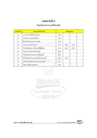 GAT ความคิดเชื่อมโยง (92) ________________________________โครงการแบรนด์ซัมเมอร์แคมป์ ปีที่26
บทความที่ 5
วัยรุ่นไทยทําลายสถิติเอเชีย
เลขกํากับ ข้อความที่กําหนด รหัสคําตอบ
01 ขาดการเอาใจใส่จากพ่อแม่ 06A
02 ค่านิยมทางเพศเปลี่ยนไป 06A
03 ดื่มเหล้าหรือเสพสารเสพติด 06A
04 แนวทางป้องกันปัญหา 07D 09D 10D
05 ปัจจัยเสี่ยงต่อการตั้งครรภ์ในวัยรุ่น 01D 02D 03D
06 ปัญหาการตั้งครรภ์ในวัยรุ่น 99H
07 พ่อแม่ผู้ปกครองต้องเอาใจใส่ดูแล 06F
08 สิ่งที่จะต้องทําความเข้าใจกับปัญหานี้ 04D 05D
09 หลีกเลี่ยงเครื่องดื่มผสมแอลกอฮอล์ 06F
10 ให้ความรู้เรื่องเพศศึกษา 06F
 