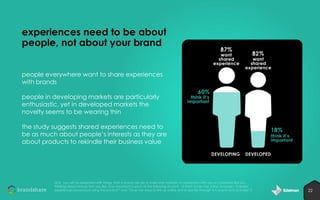 experiences need to be about
people, not about your brand
people everywhere want to share experiences
with brands
people in developing markets are particularly
enthusiastic, yet in developed markets the
novelty seems to be wearing thin
the study suggests shared experiences need to
be as much about people’s interests as they are
about products to rekindle their business value

Q10: you will be presented with things that a brand can do to build and maintain a connection with you or customers like you.
Thinking about brands that you like, how important is each of the following to you? [5 Point Scale, Top 2 Box: Average: “Creates
experiences beyond just using the product” and “Gives me ways to link up online and in real life through fun events and activities “]

22

 