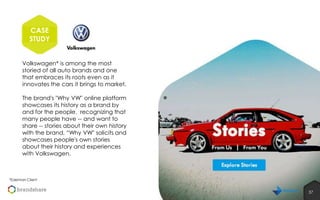 CASE
STUDY
Volkswagen* is among the most
storied of all auto brands and one
that embraces its roots even as it
innovates the cars it brings to market.
The brand's "Why VW" online platform
showcases its history as a brand by
and for the people. recognizing that
many people have -- and want to
share -- stories about their own history
with the brand, “Why VW" solicits and
showcases people's own stories
about their history and experiences
with Volkswagen.

®

*Edelman Client

37
37

 