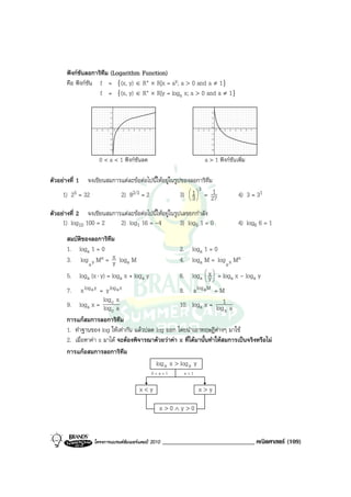 ฟงกชันลอการิทึม (Logarithm Function)
       คือ ฟงกชัน f = {(x, y) ∈ R+ × R|x = ay; a > 0 and a ≠ 1}
                    f = {(x, y) ∈ R+ × R|y = loga x; a > 0 and a ≠ 1}

                             3                                                             3
                             2                                                             2
                             1                                                             1
                             0                                                             0
                  -3 -2 -1        0 1   2   3   4   5   6   7                   -3 -2 -2        0 1   2   3   4   5   6   7
                             -1                                                            -1
                             -2                                                            -2
                             -3                                                            -3
                             -4                                                            -4


                    0 < a < 1 ฟงกชันลด                                             a > 1 ฟงกชันเพิ่ม

ตัวอยางที่ 1 จงเขียนสมการแตละขอตอไปนี้ใหอยูในรูปของลอการิทึม
                                                              3    1
     1) 25 = 32           2) 82/3 = 2                 3)  1  = 27
                                                          
                                                         3
                                                                                                                  4) 3 = 31

ตัวอยางที่ 2 จงเขียนสมการแตละขอตอไปนี้ใหอยูในรูปเลขยกกําลัง
     1) log10 100 = 2     2) log1 16 = -4             3) log5 1 = 0                                               4) log6 6 = 1
       สมบัติของลอการิทึม
       1. loga 1 = 0                                                    2. loga 1 = 0
       3. log a y Mx = x loga M
                        y                                               4. loga M = log a x Mx
       5. loga (x ⋅ y) = loga x + loga y                                6. loga  x  = loga x - loga y
                                                                                   
                                                                                  y

       7.     x log a y = y log a x                                     8. a log a M = M
                         log x
       9. loga x = logc a                                               10. loga x = log1 a
                             c                                                           x
       การแกสมการลอการิทึม
       1. ทําฐานของ log ใหเทากัน แลวปลด log ออก โดยนําเอาทฤษฎีตางๆ มาใช
       2. เมื่อหาคา x มาได จะตองพิจารณาดวยวาคา x ที่ไดมานั้นทําใหสมการเปนจริงหรือไม
       การแกอสมการลอการิทึม
                                           log a x > log a y
                                                                0<a<1     a>1

                                                    x<y                          x>y

                                                                  x>0∧y>0


                  โครงการแบรนดซัมเมอรแคมป 2010                  _____________________________ คณิตศาสตร (109)
 