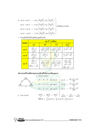 6. sin A + sin B = 2 sin  A 2 B  cos  A 2 B 
                          + 
                                
                                        - 
                                              
                          A + B      A - B
   sin A - sin B = 2 cos  2  sin  2 
                                                           ฟงกชันบวก/ลบกัน
   cos A + cos B = 2 cos  A 2 B  cos  A 2 B 
                           + 
                                 
                                         - 
                                               

   cos A - cos B = -2 sin  A 2 B  sin  A 2 B 
                                 + 
                                        
                                             - 
                                               

7. คาของฟงกชันตรีโกณมิติของมุมที่นาสนใจ
                                               มุม θ° (เรเดียน)
      ฟงกชัน                                                                 1
                       15°                   36°             72°            22 2 °
                       3 -1             10 - 2 5          10 + 2 5      1    2- 2
       sin θ                                                            2
                      2 2                  4                 4
                       3 +1               5 +1              5 -1        1    2+ 2
       cos θ                               4                 4          2
                      2 2
                       3 -1                                                2- 2
       tan θ           3 +1             10 - 2 5          10 + 2 5
                                                                           2+ 2
                 หรือ 2 - 3               5 +1              5 -1
                                                                       หรือ 3 - 1

อัตราสวนตรีโกณมิติของรูปสามเหลี่ยมที่ไมใชสามเหลี่ยมมุมฉาก
                          1. Law of cosine
          C                                                                   2 c2 2
     b         a             a2 = b2 + c2 - 2bc cos A                cos A = b +2bc - a
                                                                              2 a2 2
   A              B          b2 = c2 + a2 - 2ac cos B                cos B = c + 2ac - b
          c                                                                   2 b2 2
                             c2 = a2 + b2 - 2ab cos C                cos C = a +2ab - c

2. Law of sine                   sin A = sin B = sin C              a         b     c
                                     a         b         c        sin A = sin B = sin C
                                 พื้นที่ ∆ = 1 ab sin C = 1 ac sin B = 1 bc sin A
                                             2             2           2




           โครงการแบรนดซัมเมอรแคมป 2010   _____________________________ คณิตศาสตร (115)
 