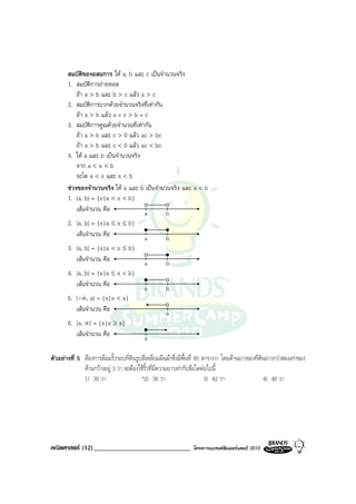 สมบัติของอสมการ ให a, b และ c เปนจํานวนจริง
       1. สมบัตการถายทอด
                  ิ
           ถา a > b และ b > c แลว a > c
       2. สมบัติการบวกดวยจํานวนจริงที่เทากัน
           ถา a > b แลว a + c > b + c
       3. สมบัติการคูณดวยจํานวนที่เทากัน
           ถา a > b และ c > 0 แลว ac > bc
           ถา a > b และ c < 0 แลว ac < bc
       4. ให a และ b เปนจํานวนจริง
           จาก a < x < b
           จะได a < x และ x < b
       ชวงของจํานวนจริง ให a และ b เปนจํานวนจริง และ a < b
       1. (a, b) = {x|a < x < b}
           เสนจํานวน คือ              a       b
       2. [a, b] = {x|a ≤ x ≤ b}
          เสนจํานวน คือ                   a         b
       3. (a, b] = {x|a < x ≤ b}
          เสนจํานวน คือ                   a         b
       4. [a, b) = {x|a ≤ x < b}
          เสนจํานวน คือ                   a         b
       5. (-∞, a) = {x|x < a}
          เสนจํานวน คือ                             a
       6. [a, ∞) = {x|x ≥ a}
          เสนจํานวน คือ                   a

ตัวอยางที่ 5 ตองการลอมรั้วรอบที่ดินรูปสี่เหลี่ยมผืนผาซึ่งมีพื้นที่ 65 ตารางวา โดยดานยาวของที่ดินยาวกวาสองเทาของ
              ดานกวางอยู 3 วา จะตองใชรั้วที่มีความยาวเทากับขอใดตอไปนี้
              1) 30 วา                   *2) 36 วา                         3) 42 วา                 4) 48 วา




คณิตศาสตร (12)______________________________                     โครงการแบรนดซัมเมอรแคมป 2010
 