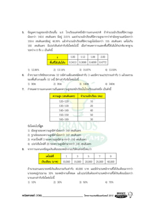 5. ขอมูลความสูงของนักเรียนชั้น ม.6 โรงเรียนแหงหนึ่งมีการแจกแจงปกติ ถาจํานวนนักเรียนที่มความสูง
                                                                                              ี
   นอยกวา 140.6 เซนติเมตร มีอยู 3.01% และจํานวนนักเรียนที่มีความสูงมากกวาคามัธยฐานแตนอยกวา
   159.4 เซนติเมตรมีอยู 46.99% แลวจํานวนนักเรียนที่มความสูงไมนอยกวา 155 เซนติเมตร แตไมเกิน
                                                        ี
   160 เซนติเมตร มีเปอรเซ็นตเทากับขอใดตอไปนี้ เมื่อกําหนดตารางแสดงพื้นที่ใตเสนโคงปกติมาตรฐาน
   ระหวาง 0 ถึง z เปนดังนี้
                                 z            1.00 1.12 1.88 2.00
                        พื้นที่ใตเสนโคง   0.3413 0.3686 0.4699 0.4772
   1) 12.86%                2) 13.14%                     3) 15.87%    4) 13.59%
6. ถาความยาวรัศมีของวงกลม 10 วงมีคาเฉลี่ยเลขคณิตเทากับ 3 และมีความแปรปรวนเทากับ 5 แลวผลรวม
   ของพื้นที่วงกลมทั้ง 10 วงนี้ มีคาเทากับขอใดตอไปนี้
   1) 90π                   2) 95π                        3) 140π      4) 340π
7. กําหนดตารางแจกแจงความถี่แสดงความสูงของนักเรียนในโรงเรียนแหงหนึ่ง เปนดังนี้
                           ความสูง (เซนติเมตร)       จํานวนนักเรียน (คน)
                               120-129                       10
                               130-139                       20
                               140-149                       40
                               150-159                       50
                               160-169                       30
   ขอใดตอไปนี้ถูก
   1) มัธยฐานของความสูงมีคานอยกวา 149 เซนติเมตร
   2) ฐานนิยมของความสูงมีคานอยกวา 147 เซนติเมตร
   3) ควอรไทลที่ 3 ของความสูงมีคามากกวา 150 เซนติเมตร
   4) เปอรเซ็นไทลที่ 20 ของความสูงมีคามากกวา 145 เซนติเมตร
                                       
8. จากการแจกแจงขอมูลเงินเดือนของพนักงานบริษัทแหงหนึ่งพบวา
                     เดไซลที่           1        3        5           7           9
                 เงินเดือน (บาท)       10,000   15,000   20,000      25,000      40,000
    ถานายเอกและนายยศมีเงินเดือนรวมกันเทากับ 40,000 บาท และมีจํานวนพนักงานที่ไดเงินเดือนมากกวา
    นายยศอยูประมาณ 30% ของพนักงานทั้งหมด แลวเปอรเซ็นตของจํานวนพนักงานที่ไดเงินเดือนนอยกวา
    นายเอกเทากับขอใดตอไปนี้
    1) 10%                 2) 30%                3) 50%              4) 70%


คณิตศาสตร (156)_____________________________            โครงการแบรนดซัมเมอรแคมป 2010
 