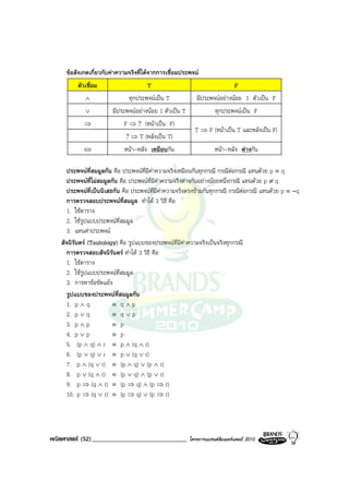 ขอสังเกตเกี่ยวกับคาความจริงที่ไดจากการเชื่อมประพจน
         ตัวเชื่อม                   T                                    F
            ∧                 ทุกประพจนเปน T             มีประพจนอยางนอย 1 ตัวเปน F
            ∨          มีประพจนอยางนอย 1 ตัวเปน T               ทุกประพจนเปน F
            ⇒               F ⇒ ? (หนาเปน F)
                                                          T ⇒ F (หนาเปน T และหลังเปน F)
                             ?⇒T     (หลังเปน T)
            ⇔               หนา-หลัง เหมือนกัน                    หนา-หลัง ตางกัน

      ประพจนที่สมมูลกัน คือ ประพจนท่มีคาความจริงเหมือนกันทุกกรณี กรณีตอกรณี แทนดวย p ≡ q
                                      ี                                     
      ประพจนที่ไมสมมูลกัน คือ ประพจนท่มีคาความจริงตางกันอยางนอยหนึ่งกรณี แทนดวย p ≡ q
                                          ี
      ประพจนที่เปนนิเสธกัน คือ ประพจนที่มคาความจริงตรงขามกันทุกกรณี กรณีตอกรณี แทนดวย p ≡ ∼q
                                            ี
      การตรวจสอบประพจนที่สมมูล ทําได 3 วิธี คือ
      1. ใชตาราง
      2. ใชรูปแบบประพจนที่สมมูล
      3. แทนคาประพจน
   สัจนิรนดร (Tautology) คือ รูปแบบของประพจนที่มีคาความจริงเปนจริงทุกกรณี
         ั
      การตรวจสอบสัจนิรันดร ทําได 3 วิธี คือ
      1. ใชตาราง
      2. ใชรปแบบประพจนที่สมมูล
             ู
      3. การหาขอขัดแยง
      รูปแบบของประพจนที่สมมูลกัน
      1. p ∧ q           ≡ q∧p
      2. p ∨ q           ≡ q∨p
      3. p ∧ p           ≡ p
      4. p ∨ p           ≡ p
      5. (p ∧ q) ∧ r ≡ p ∧ (q ∧ r)
      6. (p ∨ q) ∨ r ≡ p ∨ (q ∨ r)
      7. p ∧ (q ∨ r) ≡ (p ∧ q) ∨ (p ∧ r)
      8. p ∨ (q ∧ r) ≡ (p ∨ q) ∧ (p ∨ r)
      9. p ⇒ (q ∧ r) ≡ (p ⇒ q) ∧ (p ⇒ r)
      10. p ⇒ (q ∨ r) ≡ (p ⇒ q) ∨ (p ⇒ r)




คณิตศาสตร (52)______________________________           โครงการแบรนดซัมเมอรแคมป 2010
 