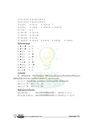 11. (p ∧ q) ⇒ r ≡ (p ⇒ r) ∨ (q ⇒ r)
       12. (p ∨ q) ⇒ r ≡ (p ⇒ r) ∧ (q ⇒ r)
       13. p ⇒ q           ≡ ∼p ∨ q        ≡ ∼q ⇒ ∼p **
       14. p ⇔ q           ≡ q⇔p           ≡ ∼p ⇔ ∼q ≡ ∼q ⇔ ∼p
       15. ∼(∼p)           ≡ p
       13. ∼(p ∧ q)        ≡ ∼p ∨ ∼q
       17. ∼(p ∨ q)        ≡ ∼p ∧ ∼q
       18. ∼(p ⇒ q) ≡ p ∧ ∼q
       19. ∼(p ⇔ q) ≡ ∼p ⇔ q ≡ p ⇔ ∼q ≡ q ⇔ ∼p                             ≡ ∼q ⇔ p
       ขอสังเกตของสมมูล
       1. ♥ ∨ ∼♥ ≡ T
       2. ♥ ∧ ∼♥ ≡ F
       3. ♥ ∨ T          ≡ T
       4. ♥ ∧ T          ≡ ♥
       5. ♥ ∨ F          ≡ ♥
       6. ♥ ∧ F          ≡ F
       7. T ⇒ ♥          ≡ ♥
       8. ♥ ⇒ F          ≡ ∼♥
       9. ♥ ⇒ T          ≡ T
       10. F ⇒ ♥         ≡ T
       ประโยคเปด
       คือ ประโยคบอกเลา หรือประโยคปฏิเสธ ที่มีตัวแปรและเมื่อแทนคาของตัวแปรดวยสมาชิกในเอกภพ
สัมพัทธแลวไดประพจน เชน กําหนดใหเอกภพสัมพัทธ คือ เซตของจํานวนจริง
       2x + 1 = 3 เปนประโยคเปด เพราะเมื่อแทน x ดวยจํานวนจริงใดๆ แลวไดประพจน
       แทน x = 1 ได 2(1) + 1 = 3 จริง
       แทน x = 3 ได 2(3) + 1 = 3 เท็จ
      สัญลักษณแทนประโยคเปด
      P(x), Q(x), R(x), ...          แทน ประโยคเปดที่มีตัวแปรเปน x เชน P(x) : x + 3 = 2
      P(x, y), Q(x, y), R(x, y), ... แทน ประโยคเปดที่มีตัวแปรเปน x, y เชน Q(x, y) : x - 2y = 0




                 โครงการแบรนดซัมเมอรแคมป 2010   ______________________________ คณิตศาสตร (53)
 