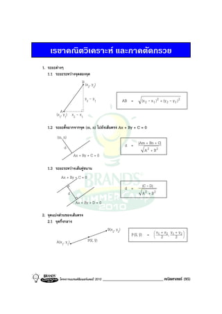 เรขาคณิตวิเคราะห และภาคตัดกรวย
1. ระยะตางๆ
   1.1 ระยะระหวางจุดสองจุด
                      B (x , y )
                               2 2


                            y2 - y1                       AB =     (x 2 - x 1 ) 2 + (y 2 - y 1 ) 2
           A
        (x1, y1) x2 - x1

   1.2 ระยะตั้งฉากจากจุด (m, n) ไปยังเสนตรง Ax + By + C = 0
         (m, n)
             d                                             d = |Am + Bn + C|
                                                                  A 2 + B2
                      Ax + By + C = 0

   1.3 ระยะระหวางเสนคูขนาน
           Ax + By + C = 0

                                                           d =     |C - D|
                  d                                                A 2 + B2
                       Ax + By + D = 0

2. จุดแบงสวนของเสนตรง
   2.1 จุดกึ่งกลาง
                                              B(x2, y2)
                                                              P (x, y) =    
                                                                            
                                                                                x 1 + x 2 , y1 + y 2 
                                                                                   2          2    
        A(x1, y1)             P(x, y)




          โครงการแบรนดซัมเมอรแคมป 2010   ______________________________ คณิตศาสตร (95)
 