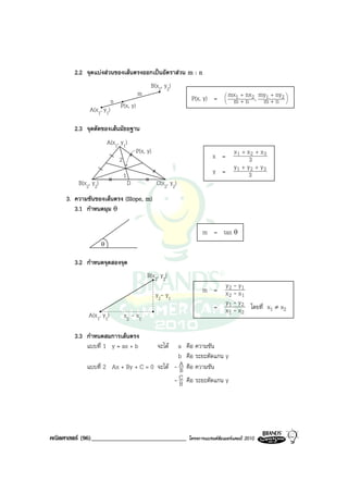 2.2 จุดแบงสวนของเสนตรงออกเปนอัตราสวน m : n
                                                B(x2, y2)
                                          m                                         mx1 + nx2 , my1 + ny2 
                          n                                      P(x, y) =       
                                                                                     m+n         m+n     
              A(x1, y1)        P(x, y)

        2.3 จุดตัดของเสนมัธยฐาน
                         A(x1, y1)
                                          P(x, y)                                      x1 + x 2 + x 3
                              2                                            x =               3
                                                                                       y1 + y 2 + y 3
                                  1
                                                                           y =               3
         B(x2, y2)                    D             C(x2, y2)
     3. ความชันของเสนตรง (Slope, m)
        3.1 กําหนดมุม θ

                                                                      m = tan θ
                     θ

        3.2 กําหนดจุดสองจุด
                                               B(x2, y2)
                                                                                 y2 - y1
                                                                      m =        x2 - x1
                                                    y2- y1
                                                                                 y1 - y 2
                                                                           =     x 1 - x 2 โดยที่ x1 ≠ x2
             A(x1, y1)            x2 - x1

        3.3 กําหนดสมการเสนตรง
            แบบที่ 1 y = ax + b             a       จะได       คือ ความชัน
                                            b                   คือ ระยะตัดแกน y
            แบบที่ 2 Ax + By + C = 0 จะได - A
                                             B                  คือ ความชัน
                                           -BC                  คือ ระยะตัดแกน y




คณิตศาสตร (96)______________________________                   โครงการแบรนดซัมเมอรแคมป 2010
 
