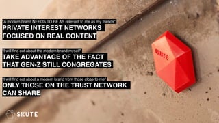 “A modern brand NEEDS TO BE AS relevant to me as my friends”
PRIVATE INTEREST NETWORKS
FOCUSED ON REAL CONTENT
“I will ﬁnd out about the modern brand myself”
TAKE ADVANTAGE OF THE FACT
THAT GEN-Z STILL CONGREGATES
“I will ﬁnd out about a modern brand from those close to me”
ONLY THOSE ON THE TRUST NETWORK
CAN SHARE
 