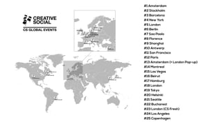 #1 Amsterdam
#2 Stockholm
#3 Barcelona
#4 New York
#5 London
#6 Berlin
#7 Sao Paolo
#8 Florence
#9 Shanghai
#10 Antwerp
#11 San Francisco
#12 Paris
#13 Amsterdam (+ London Pop-up)
#14 Montreal
#15 Las Vegas
#16 Beirut
#17 Hamburg
#18 London
#19 Tokyo
#20 Helsinki
#21 Seattle
#22 Bucharest
#23 London (CS Fresh)
#24 Los Angeles
#25 Copenhagen
 