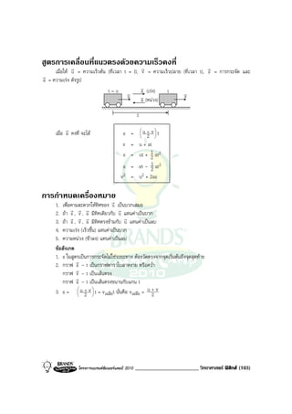 สูตรการเคลื่อนที่แนวตรงดวยความเร็วคงที่
              r                               r                             r
     เมื่อให u = ความเร็วตน (ที่เวลา t = 0, v = ความเร็วปลาย (ที่เวลา t), s = การกระจัด และ
r
a = ความเรง ดังรูป
                              t=o v           v (เรง)
                                              a         t      v
                                        u     v (หนวง)
                                              a                v

                                                   v
                                                   S

           r                                            u + vt
     เมื่อ a คงที่ จะได                  s =          
                                                          2  
                                          v =          u + at
                                          s =          ut + 1 at2
                                                             2
                                         s =           vt - 1 at2
                                                             2
                                        v2 =           u2 + 2as


การกําหนดเครื่องหมาย
                                  r
     1. เพื่อคามสะดวกใหทิศของ u เปนบวกเสมอ
             r r r                    r
     2. ถา s , v , a มีทิศเดียวกับ u แทนคาเปนบวก
             r r r                      r
     3. ถา s , v , a มีทิศตรงขามกับ u แทนคาเปนลบ
     4. ความเรง (เร็วขึ้น) แทนคาเปนบวก
     5. ความหนวง (ชาลง) แทนคาเปนลบ
     ขอสังเกต
     1. s ในสูตรเปนการกระจัดไมใชระยะทาง ตองวัดตรงจากจุดเริ่มตนถึงจุดสุดทาย
               r
     2. กราฟ s - t เปนกราฟพาราโบลาหงาย หรือคว่ํา
               r
        กราฟ v - t เปนเสนตรง
               r
        กราฟ a - t เปนเสนตรงขนานกับแกน t
     3. s =  u + v  t = vเฉลี่ยt นั่นคือ vเฉลี่ย = u + v
                
                 2 
                         
                                                       2




                 โครงการแบรนดซัมเมอรแคมป 2010   ________________________ วิทยาศาสตร ฟสิกส (103)
 