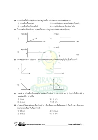 14. การเคลื่อนที่ใดที่แรงลัพธที่กระทําตอวัตถุมีทิศตั้งฉากกับทิศของการเคลื่อนที่ตลอดเวลา
    1) การเคลื่อนที่ในแนวตรง                              *2) การเคลื่อนที่แบบวงกลมดวยอัตราเร็วคงตัว
    3) การเคลื่อนที่แบบโปรเจคไทล                          4) การเคลื่อนที่แบบฮารมอนิกอยางงาย
15. ในการเคลื่อนที่เปนเสนตรง กราฟขอใดแสดงวาวัตถุกําลังเคลื่อนที่ดวยความเร็วคงตัว
          ความเรง                                              ความเรง
     1)                                                    2)
                   0                           เวลา                    0                        เวลา

                                                                ความเรง
          ความเรง
     3)                                        เวลา        4)
                   0                                                                            เวลา
                                                                       0
16. กราฟของความเร็ว v กับเวลา t ขอใดสอดคลองกับการเคลื่อนที่ของวัตถุที่ถูกโยนขึ้นไปในแนวดิ่ง
        v                                            v

     1)                                                    2)
                          t                                                 t

          v                                                     v

    *3)                                                    4)
                         t                                                  t
17. รถยนต A เริ่มเคลื่อนที่จากหยุดนิ่ง โดยอัตราเร็วเพิ่มขึ้น 2 เมตร/วินาที ทุก 1 วินาที เมื่อสิ้นวินาทีที่ 5
    รถยนตจะมีอัตราเร็วเทาใด
    1) 5 m/s                                         *2) 10 m/s
    3) 15 m/s                                          4) 20 m/s
18. ถาปลอยใหวัตถุตกลงในแนวดิ่งอยางเสรี หากวัตถุนั้นตกกระทบพื้นดินในเวลา 5 วินาที ถามวาวัตถุกระทบ
    ดินดวยความเร็วเทากับกี่เมตร/วินาที
    1) 4.9 m/s                                         2) 9.8 m/s
    3) 39 m/s                                        *4) 49 m/s



                   โครงการแบรนดซัมเมอรแคมป 2010   _________________________ วิทยาศาสตร ฟสิกส (11)
 