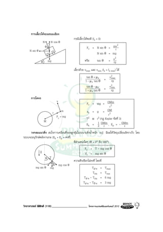 การเลี้ยวโคงบนถนนเอียง
                                                    กรณีเลี้ยวไดพอดี (fs = 0)
                    N        N cos θ
                                                                                   2
                        θ                                      Fc = N sin θ = mv r
     N sin θ
                                                                    N sin θ = mg
                                                                                2
                θ           mg                                หรือ  tan θ = v  rg
                                                    เลี้ยวดวย vmax และ vmin (fs = fs max) ได
                                                                tan θ + µ s            v2
                                                                                        max
                                                               1 - µ s tan θ =          rg
                                                                tan θ - µ s            v2
                                                                                        min
                                                               1 + µ s tan θ =          rg

      การโคจร
                                     v
                                                                Fc = mg = GMm
                                                                               r2
                                 r       m                      ac = g = GM
                                     Fc = mg                                  r2
                                                                T2 α r3 (กฎ Kepler ขอที่ 3)
                    M
                                                                Ek = 1 GMm , Ep = - GMm
                                                                      2 r                    r
     วงกลมแนวดิ่ง สนใจการเคลื่อนที่ของลูกตุมในระนาบดิ่งน้ําหนัก m v มีผลใหวัตถุเปลี่ยนอัตราเร็ว โดย
                                                                    g
ระบบจะอนุรักษพลังงานกล (Ek + Ep = คงที่)
                                          ที่ตําแหนงใดๆ (θ = 0° ถึง 180°)

               v                                              Fc = T - mg cos θ
               g                                              Ft = mg sin θ
                        θ    T
                                                    ความตึงเชือกไมคงที่ โดยที่
                                 θ       mg cos θ
          mg sin θ           mg                                      Tลาง   =    Tmax
                                                                     Tบน     =    Tmix
                                                             Tลาง - Tบน     =    6 mg
                                                             Tลาง - Tขาง   =    3 mg




วิทยาศาสตร ฟสิกส (118)________________________                 โครงการแบรนดซัมเมอรแคมป 2010
 