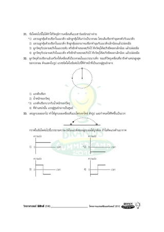 31. ขอใดตอไปนี้ไมไดทําใหวัตถุมีการเคลื่อนที่แบบฮารมอนิกอยางงาย
   *1) แขวนลูกตุมดวยเชือกในแนวดิ่ง ผลักลูกตุมใหแกวงเปนวงกลม โดยเสนเชือกทํามุมคงตัวกับแนวดิ่ง
    2) แขวนลูกตุมดวยเชือกในแนวดิ่ง ดึงลูกตุมออกมาจนเชือกทํามุมกับแนวดิ่งเล็กนอยแลวปลอยมือ
    3) ผูกวัตถุกับปลายสปริงในแนวระดับ ตรึงอีกดานของสปริงไว ดึงวัตถุใหสปริงยืดออกเล็กนอย แลวปลอยมือ
    4) ผูกวัตถุกับปลายสปริงในแนวดิ่ง ตรึงอีกดานของสปริงไว ดึงวัตถุใหสปริงยืดออกเล็กนอย แลวปลอยมือ
32. ผูกวัตถุดวยเชือกแลวเหวี่ยงใหเคลื่อนที่เปนวงกลมในแนวระนาบดิ่ง ขณะที่วัตถุเคลื่อนที่มาถึงตําแหนงสูงสุด
    ของวงกลม ดังแสดงในรูป แรงชนิดใดในขอตอไปนี้ที่ทําหนาที่เปนแรงสูศูนยกลาง




    1) แรงดึงเชือก
    2) น้ําหนักของวัตถุ
   *3) แรงดึงเชือกบวกกับน้ําหนักของวัตถุ
    4) ที่ตําแหนงนั้น แรงสูศูนยกลางเปนศูนย
33. เตะลูกบอลออกไป ทําใหลูกบอลเคลื่อนที่แบบโพรเจกไทล ดังรูป และกําหนดใหทิศขึ้นเปนบวก



     กราฟในขอใดตอไปนี้บรรยายความเรงในแนวดิ่งของลูกบอลไดถูกตอง ถาไมคิดแรงตานอากาศ
        ความเรง                                      ความเรง

     1) 0                      เวลา                    *2) 0                       เวลา


         ความเรง                                           ความเรง

     3) 0                     เวลา                      4) 0                       เวลา




วิทยาศาสตร ฟสิกส (14)_________________________            โครงการแบรนดซัมเมอรแคมป 2010
 