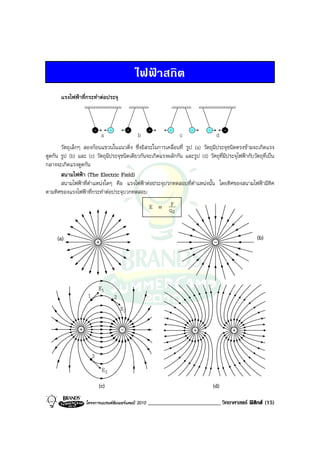 ไฟฟาสถิต
       แรงไฟฟาที่กระทําตอประจุ



                        +         -            +       +       -       -      -         +
                             a                     b               c               d
       วัตถุเล็กๆ สองกอนแขวนในแนวดิ่ง ซึ่งอิสระในการเคลื่อนที่ รูป (a) วัตถุมีประจุชนิดตรงขามจะเกิดแรง
ดูดกัน รูป (b) และ (c) วัตถุมีประจุชนิดเดียวกันจะเกิดแรงผลักกัน และรูป (d) วัตถุที่มีประจุไฟฟากับวัตถุที่เปน
กลางจะเกิดแรงดูดกัน
       สนามไฟฟา (The Electric Field)
       สนามไฟฟาที่ตําแหนงใดๆ คือ แรงไฟฟาตอประจุบวกทดสอบที่ตําแหนงนั้น โดยทิศของสนามไฟฟามีทิศ
ตามทิศของแรงไฟฟาที่กระทําตอประจุบวกทดสอบ
                                                       E ≡ qF
                                                             0



     (a)                                                                                             (b)




                            E1
                    1                 2
                                          E2




                        3
                             E3

                            (c)                                                   (d)

                   โครงการแบรนดซัมเมอรแคมป 2010     _________________________ วิทยาศาสตร ฟสิกส (15)
 