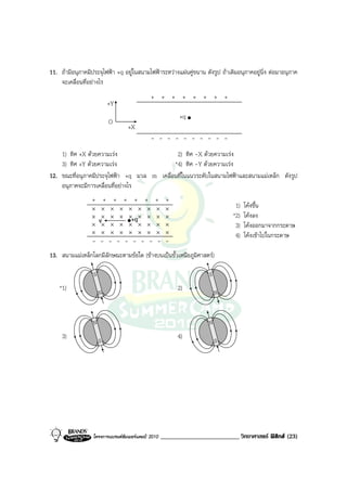 11. ถามีอนุภาคมีประจุไฟฟา +q อยูในสนามไฟฟาระหวางแผนคูขนาน ดังรูป ถาเดิมอนุภาคอยูนิ่ง ตอมาอนุภาค
    จะเคลื่อนที่อยางไร
                                               + + + + + + + +
                           +Y
                                                          +q
                           O
                                    +X
                                               - - - - - - - - - -
    1) ทิศ +X ดวยความเรง                   2) ทิศ -X ดวยความเรง
    3) ทิศ +Y ดวยความเรง                  *4) ทิศ -Y ดวยความเรง
12. ขณะที่อนุภาคมีประจุไฟฟา +q มวล m เคลื่อนที่ในแนวระดับในสนามไฟฟาและสนามแมเหล็ก ดังรูป
    อนุภาคจะมีการเคลื่อนที่อยางไร
                  + + + + + + + +
                 ×     ×   ×    ×   × ×    ×    ×    ×                         1)   โคงขึ้น
                 ×                                                            *2)   โคงลง
                 ×
                      v×
                       ×
                           ×
                           ×
                                ×
                                ×
                                    ×+q×
                                    × ×
                                           ×
                                           ×
                                                ×
                                                ×
                                                     ×
                                                     ×                         3)   โคงออกมาจากกระดาษ
                 ×     ×   ×    ×   × ×    ×    ×    ×                         4)   โคงเขาไปในกระดาษ
                  - - - - - - - - - -
13. สนามแมเหล็กโลกมีลักษณะตามขอใด (ขางบนเปนขั้วเหนือภูมิศาสตร)

                  S                                                   S
    *1)                                                   2)
                      N                                                   N


                  N                                                  N
     3)                                                   4)
                      S                                                   S




                  โครงการแบรนดซัมเมอรแคมป 2010   _________________________ วิทยาศาสตร ฟสิกส (23)
 