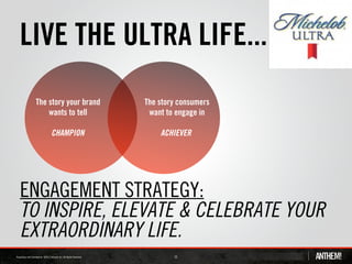 LIVE THE ULTRA LIFE...
 The story your brand   The story consumers
     wants to tell       want to engage in

     CHAMPION               ACHIEVER




ENGAGEMENT STRATEGY:
TO INSPIRE, ELEVATE & CELEBRATE YOUR
EXTRAORDINARY LIFE.
                                15
 