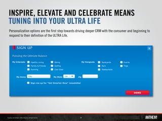 INSPIRE, ELEVATE AND CELEBRATE MEANS
TUNING INTO YOUR ULTRA LIFE
Personalization options are the first step towards driving deeper CRM with the consumer and beginning to
respond to their definition of the ULTRA Life.




                                                    24
 