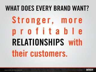 WHAT DOES EVERY BRAND WANT?
  Stronger, more
  p r o f i t a b l e
  RELATIONSHIPS with
  their customers.
             4
 